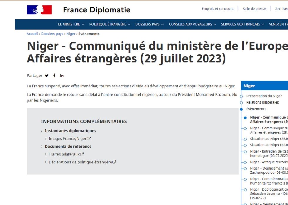 France Suspends Aid and Budget Support Actions in Niger